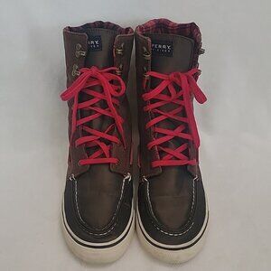 Sperry Topsider Dark Brown Boots With Bright Red Laces Size 8.5